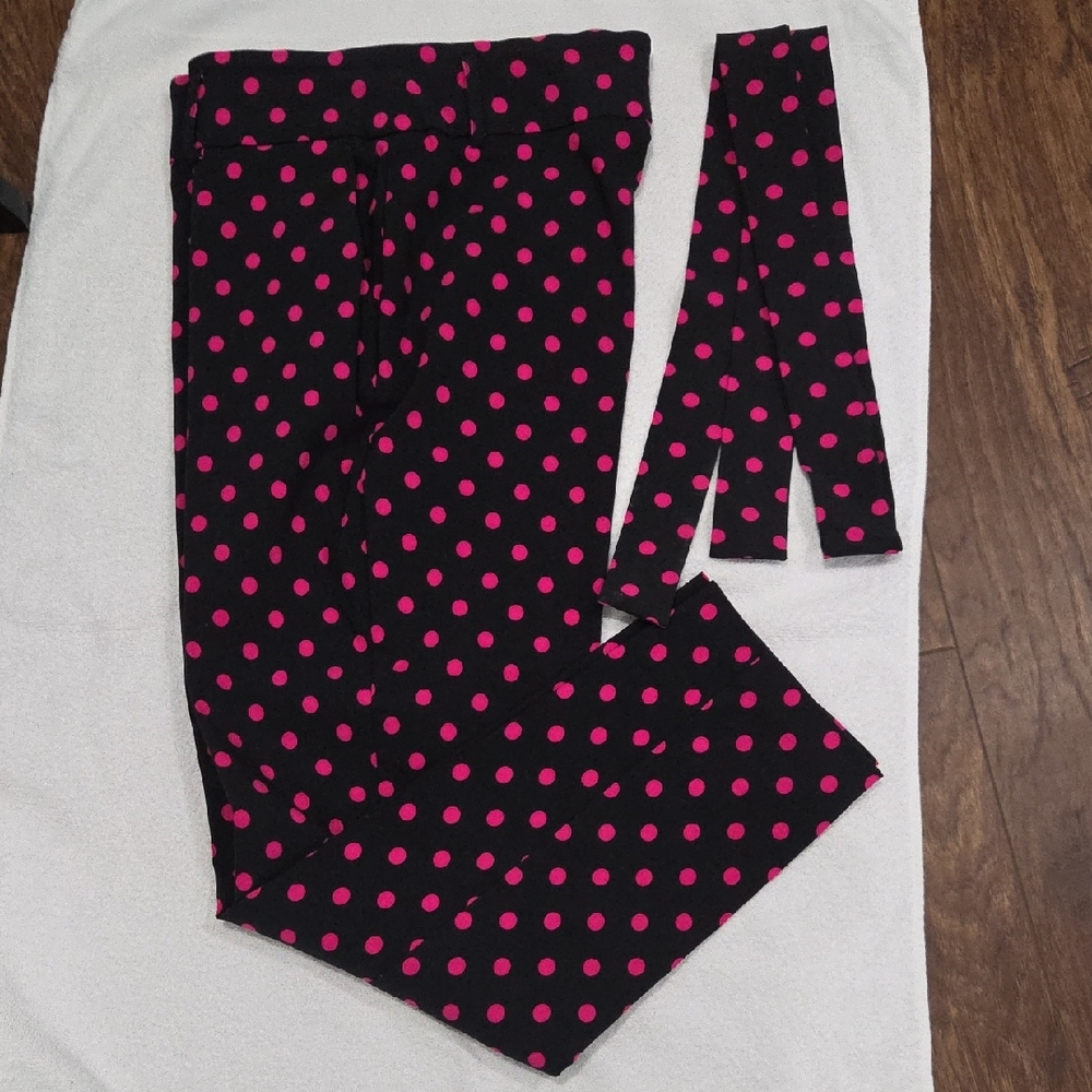 Jules & Leopold Tie Front High Waist Stretchy Black Pants & Pink Polka Dots (LG)